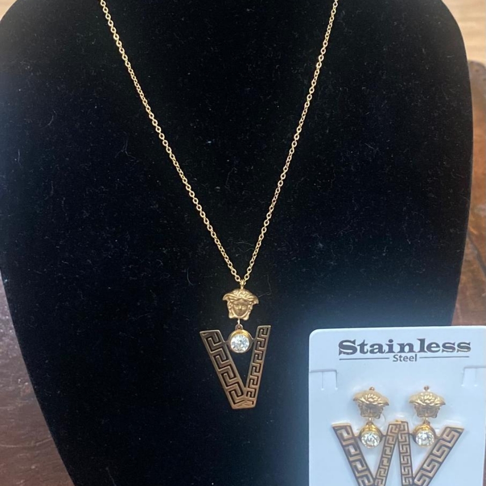 Gold Stainless Steel Necklace and Earring Set